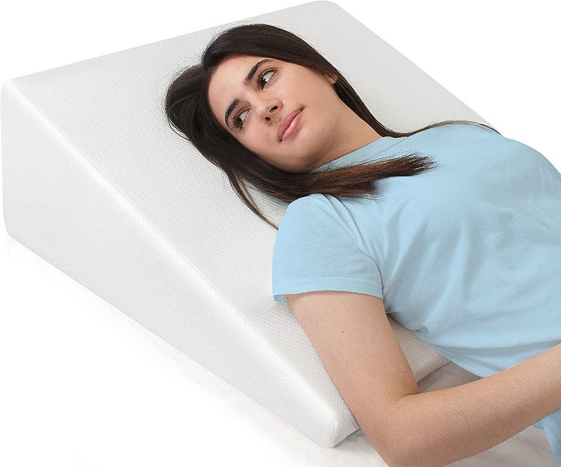 Photo 1 of Bed Wedge Pillow Cooling Memory Foam Top –8" 24" 24" Elevated Support Cushion, Wedge Pillows for Sleeping, Lower Back Pain, Acid Reflux, Heartburn, Allergies, Snoring, Legs – Removable Washable Cover
