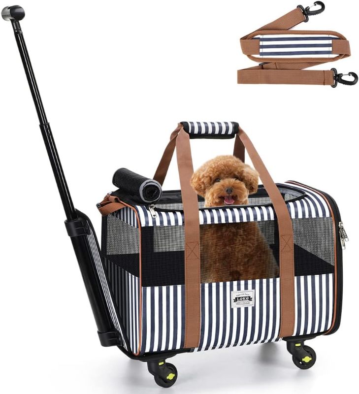 Photo 1 of Cat Carier with Wheels, Lekesky Dog Carrier Airline Approved Rolling Pet Carrier with Telescopic Handle and Shoulder Strap, Striped
