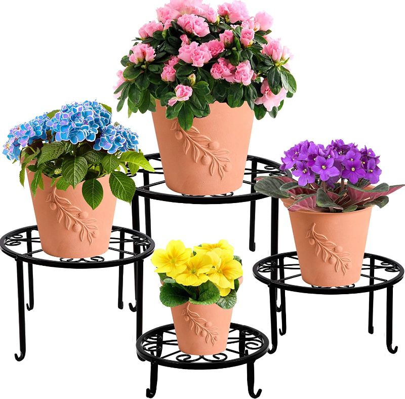 Photo 1 of  Pack Metal Plant Stands for Indoor Outdoor Plants, Heavy Duty Flower Pot Stands, Black Rustproof Iron Planter Holder, Round Garden Container Plant Rack, Potted Plant Shelf for Garden Home Corner
