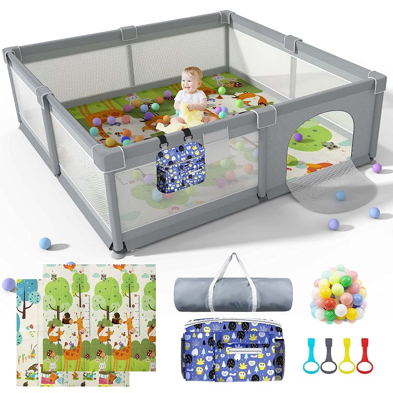 Photo 1 of Baby Playpen 79" X 71", LUTIKIANG Play Yard for Babies and Toddlers with Mat, Safety Extra Large Baby Fence Area, Indoor & Outdoor Kids Activity Play Center with Anti-Slip Suckers and Zipper Gate.