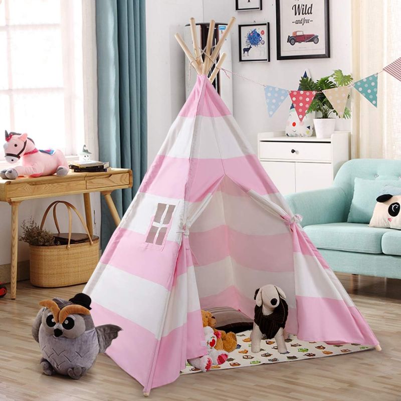 Photo 1 of Costzon Kids Play Tent Indian Tent 5' Cotton Canvas Baby Children Playhut with Carry Bag, Indoor and Outdoor Kid Teepee Tent for Toddlers Boys and Girls (Pink & White Stripe)
