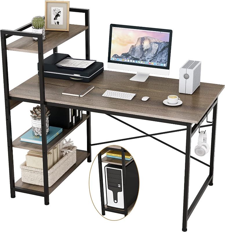 Photo 1 of Engriy Computer Desk with 4 Tier Shelves for Home Office, 47" Writing Study Table with Bookshelf and 2 Hooks, Multipurpose Modern Wood Desk Workstation