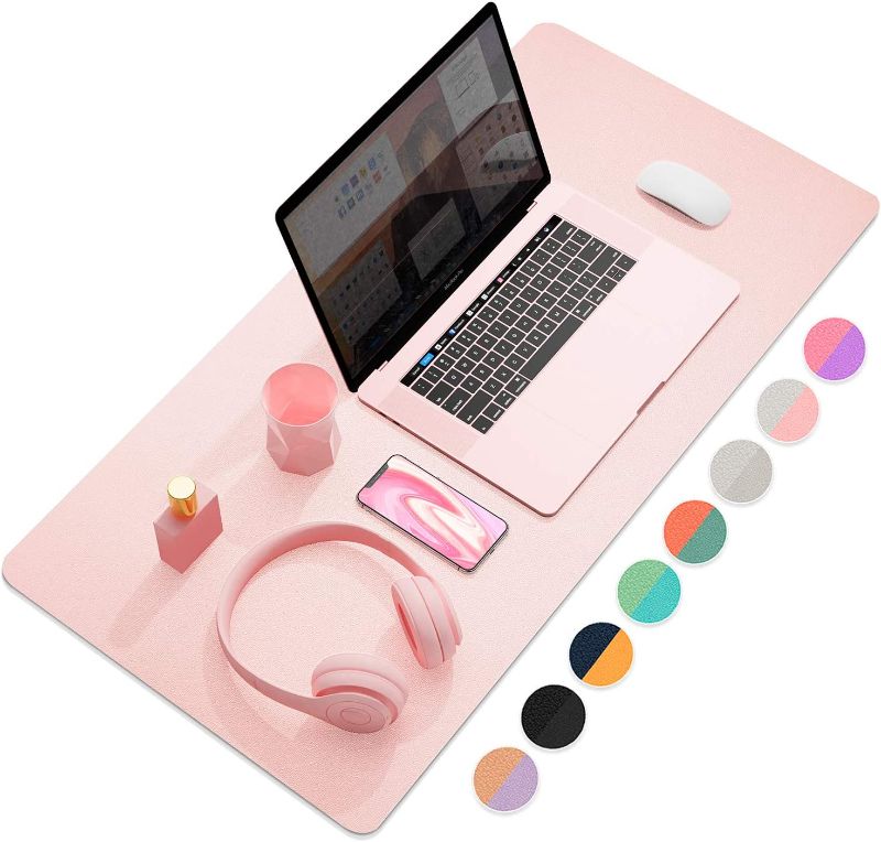 Photo 1 of Dual-Sided Multifunctional Desk Pad, Waterproof Desk Blotter Protector, Leather Desk Wrting Mat Mouse Pad (31.5" x 15.7", Pink)