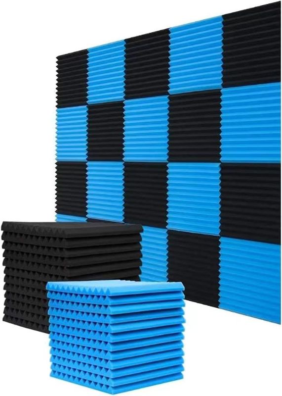 Photo 1 of 48 Pack Acoustic Foam Panels ,1" x 12" x 12" Black/BLUE Acoustic Wedge Studio Foam Sound Absorption Wall Panels