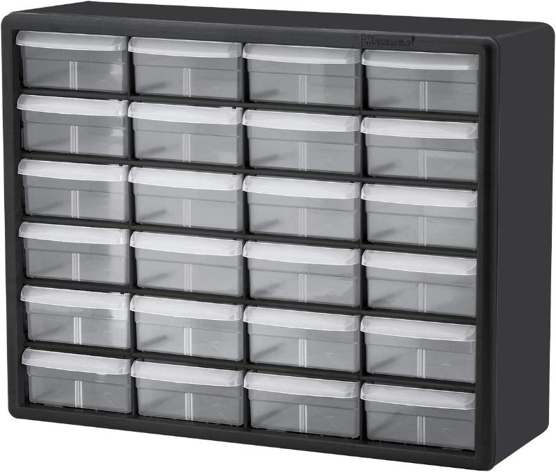 Photo 1 of Akro-Mils 10124, 24 Drawer Plastic Parts Storage Hardware and Craft Cabinet, 20-Inch W x 6-Inch D x 16-Inch H, Black