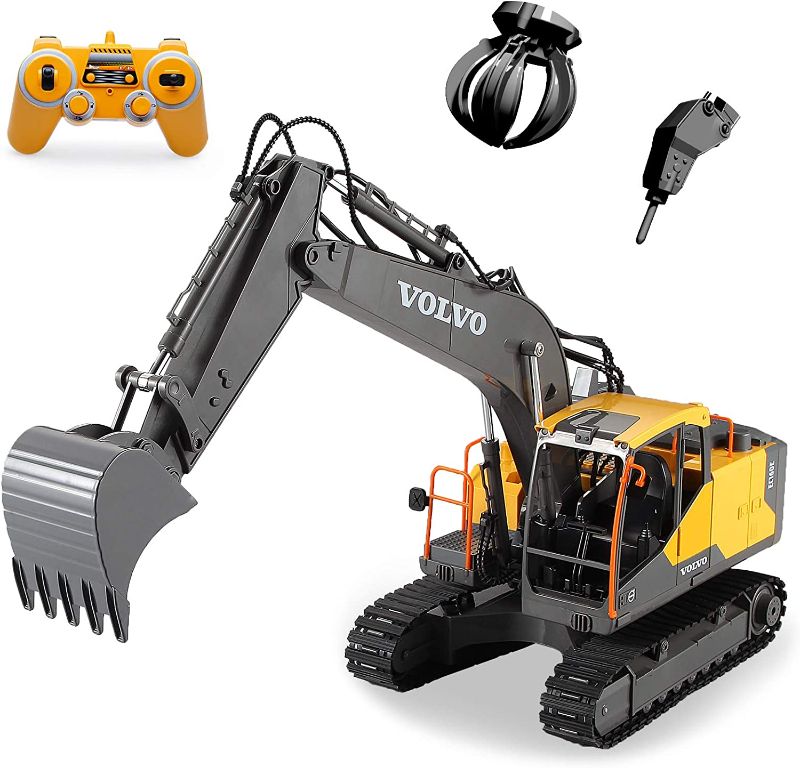 Photo 1 of Mostop Remote Control Excavator 1/16 Scale 3 in 1 Shovel Loader RC Excavator Digger Toy with 2 Tools, 2.4Ghz 17 Channel Full Functional RC Construction Truck Vehicle Tractor with Sound and Light