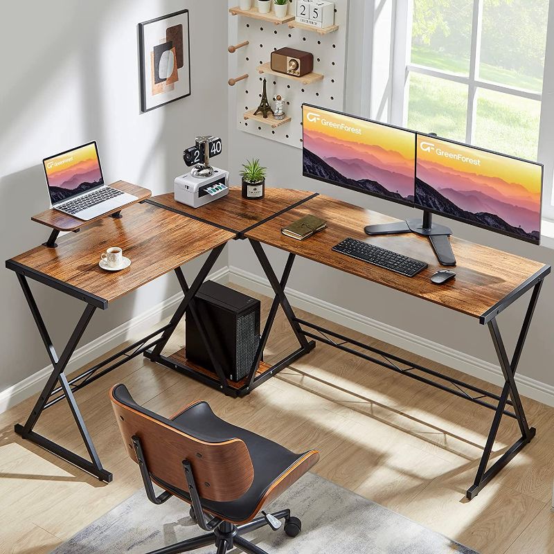 Photo 1 of GreenForest L Shaped Computer Desk Large Size Reversible Corner Computer Desk 64 inch with Large Monitor Stand and CPU Stand, Home Office Study Writing Desk Workstation, Space Saving, Walnut