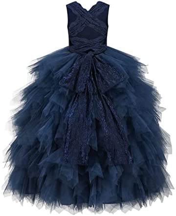 Photo 1 of Miama Girl's Cross Back Lace Tulle Ruffle Wedding Flower Junior Bridesmaid Dress, Navy Blue, 12
