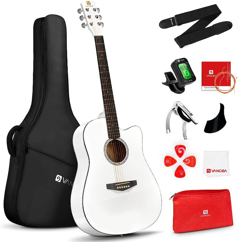 Photo 1 of Acoustic Guitar, Cutaway Acoustic Guitar Full Size Dreadnought Acustica Guitarra Bundle with Gig Bag for Adults Teens Beginners Professionals, White by Vangoa…