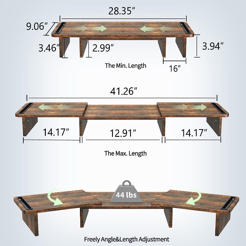 Photo 1 of Zimilar Dual Monitor Stand Riser, Monitor Stand with Adjustable Length and Angle, Wood Monitor Stand for Desk, Monitor Riser for 2 Monitors with Storage Space (Rust Brown Large)