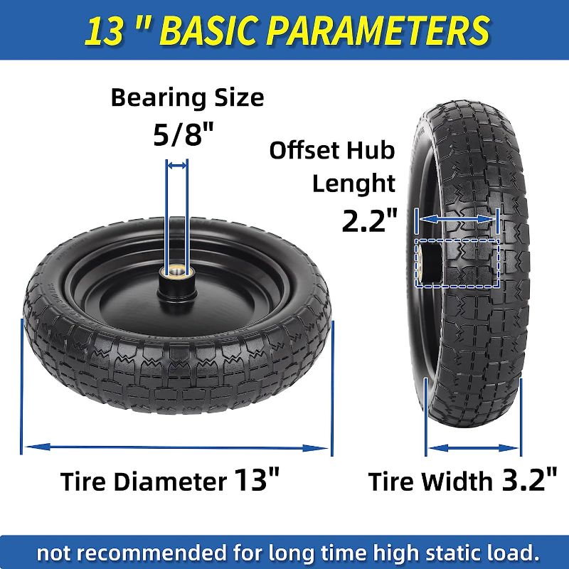 Photo 1 of 13‘’ Tire for Gorilla Cart - Solid Polyurethane Flat-Free Tire and Wheel Assemblies - 3.15” Wide Tires with 5/8 Inch Axle Borehole and 2.1” Hub 13“ Wheel