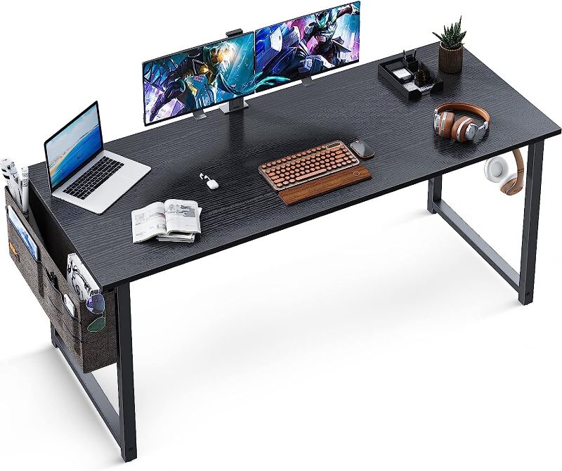 Photo 1 of ODK Computer Writing Desk 55 inch, Sturdy Home Office Table, Work Desk with A Storage Bag and Headphone Hook, Black