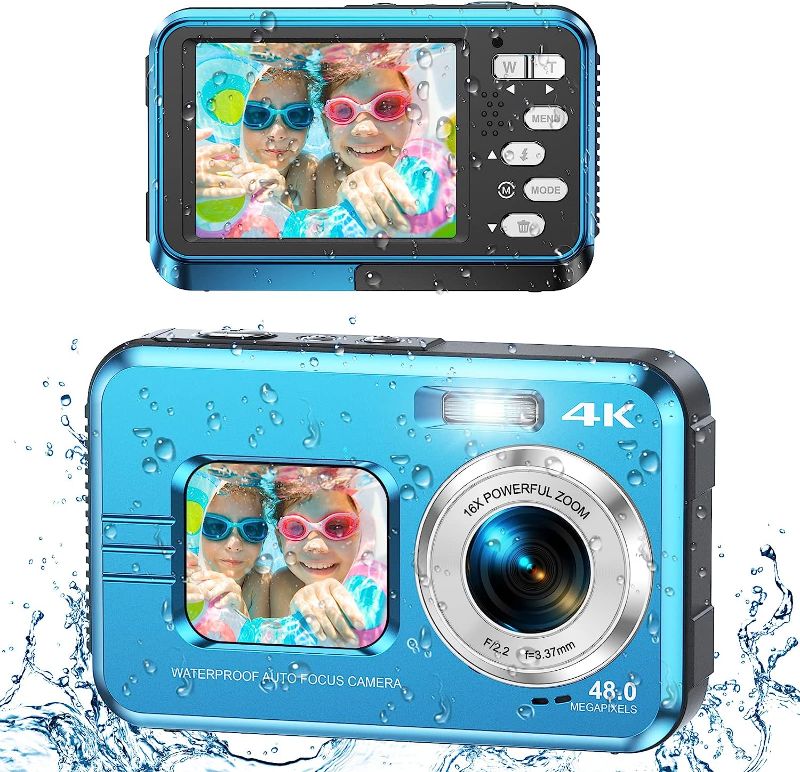 Photo 1 of Underwater Cameras, 4K Waterproof Digital Camera 48 MP Autofocus Function Selfie Dual Screens with 16X Digital Zoom Compact Portable 11FT Underwater Camera for Snorkeling, Waterproof, 2 Battery(Blue)