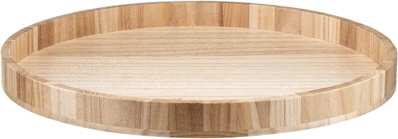 Photo 1 of 16 Inches Extra Large Solid Wooden Serving Tray Round Tea Coffee Table Tray Snack Food Meals Serving Plate Kitchen Party Bar Server Breakfast Tray with Raised Edges Nature Wood Ottoman Tray