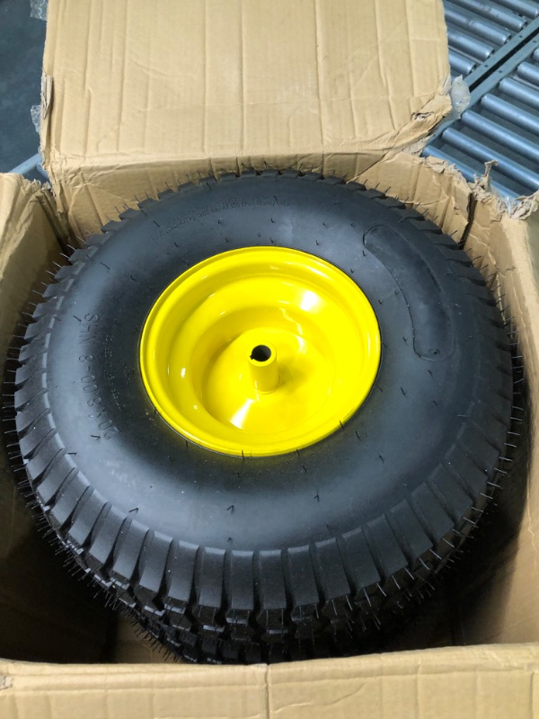 Photo 3 of (2 Pack) AR-PRO Exact Replacement 15" x 6.00 - 6" Front Tire and Wheel Assemblies for John Deere Riding Mowers - Compatible with John Deere 100 and D100 Series - 3” Hub Offset and 3/4” Bushings 15" x 6.00-6" Yellow