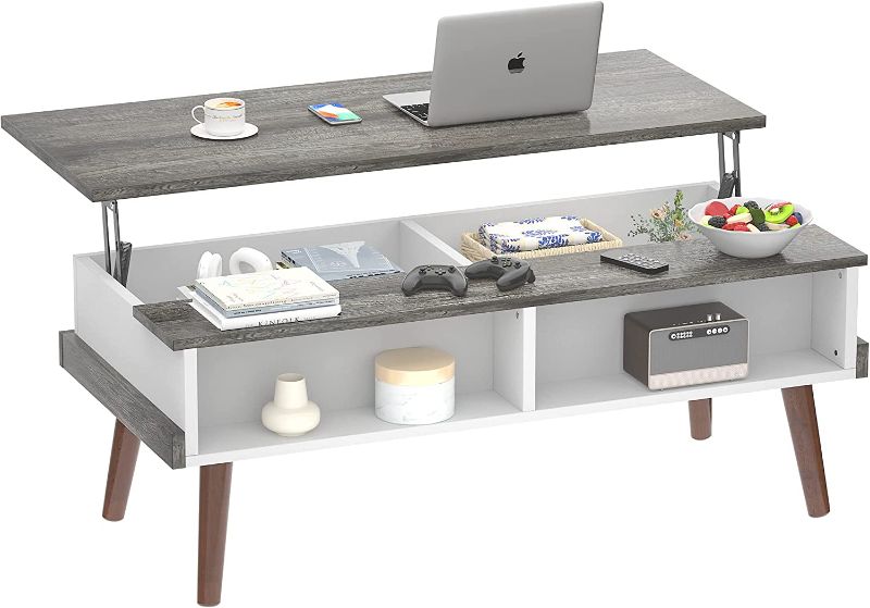 Photo 1 of Aheaplus Lift Top Coffee Table with Storage, 43.3" Modern Center Table Lift Tabletop Wood Dining Table Pop Up Table with Open Compartment for Living Room, Home Office, Black Oak and White
