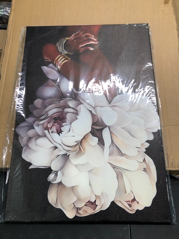 Photo 2 of African American Wall Art White Flower on Black Women Head Vintage Canvas Art Paintings Modern Abstract Girl Picture Home Wall Decor for Bedroom Living Room Framed Ready to Hang (White, 16x24inch) White 16x24inch