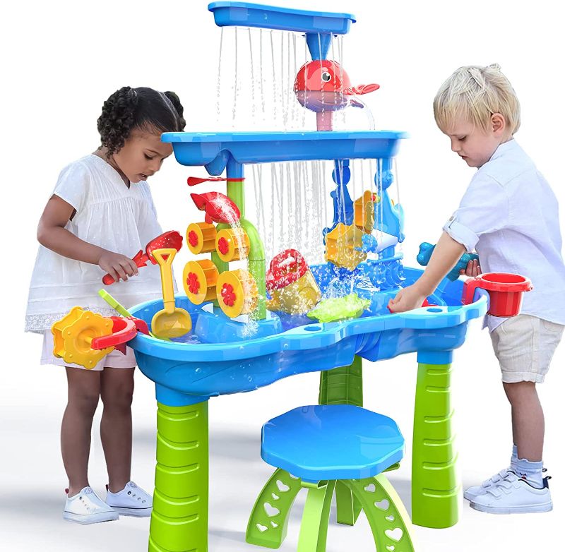 Photo 1 of TEMI Toddler Water Table | Kids Sand Water Table | 3-Tier Outdoor Water Play Table Toys for Toddlers Kids | Water Sensory Tables Summer Beach Toys for Outside Backyard for Toddlers Age 3-5