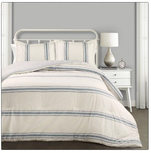 Photo 1 of "Lush Decor Farmhouse Stripe Traditional Reversible Comforter, Oversized 92"x120", Blue, 3-Pc Set