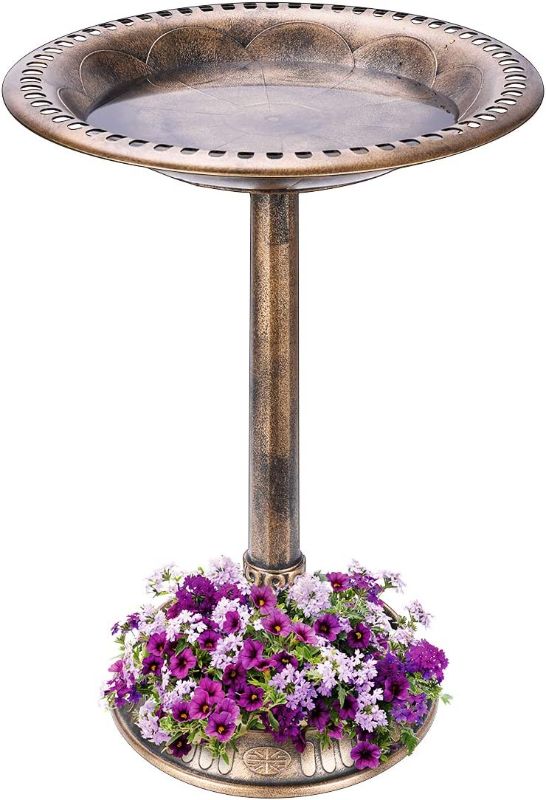 Photo 1 of 28 Inch Height Polyresin Lightweight Antique Outdoor Garden Bird Bath with Flower Planter Base Copper