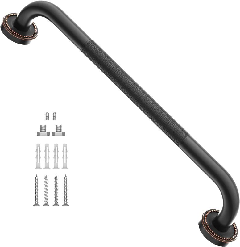 Photo 1 of 20 Inch Anti Slip Bronze Shower Grab Bar Oil Rubbed Black, ZUEXT Antique Brass Bathroom Grab Bar, Knurled Bath Balance Bar, Safety Handrail Support, Handicap Elderly Senior Assist Bath Handle