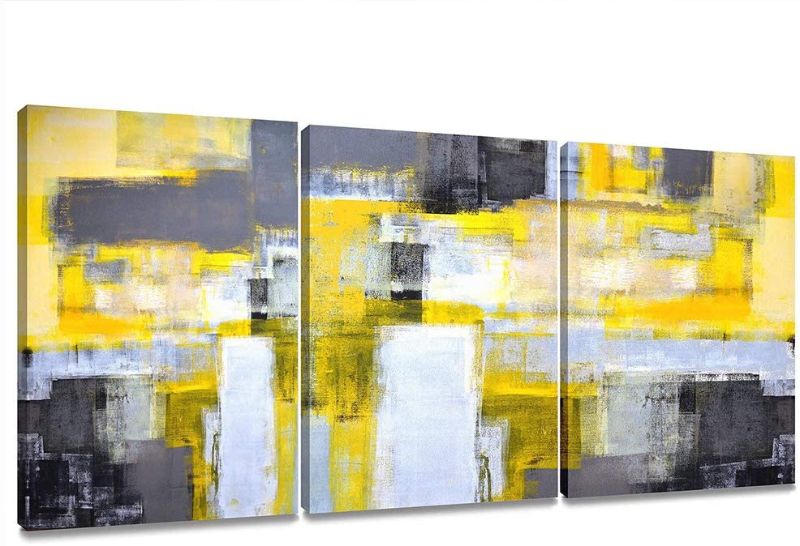 Photo 1 of Abstract Wall Art Yellow Grey Framed Wall Art Canvas Abstract Painting for Living Room Bedroom Office Home Modern Canvas Artwork Abstract Art Wall Decor Ready to Hang 12''x16'', 3 Pieces