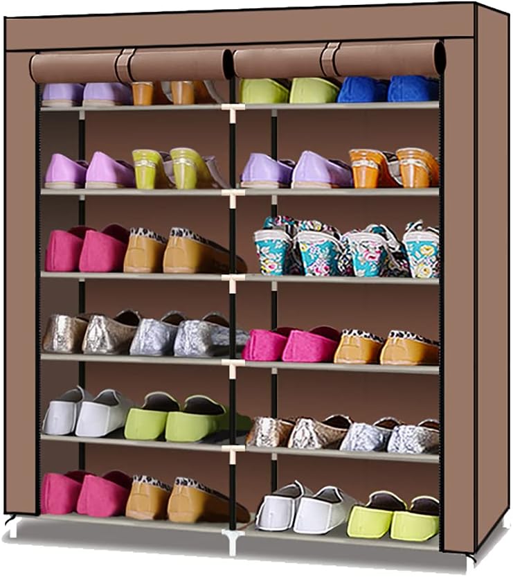 Photo 1 of TXT&BAZ 24-Pairs Portable Shoe Rack Double Row with Nonwoven Fabric Cover Mini (7-Tiers Brown)