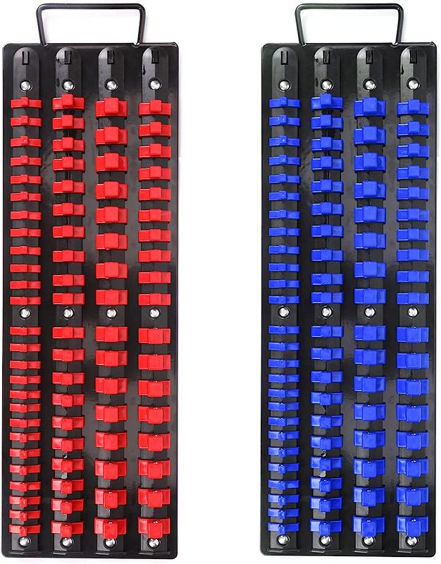 Photo 1 of AIRTOON 80-Piece Portable Socket Organizer Tray, 2 Pcs Set, Blue & Red, Tools Organizer 1/4-Inch, 3/8-Inch, 1/2-Inch, Heavy Duty Socket Holder, Black Rails, Blue & Red Clips