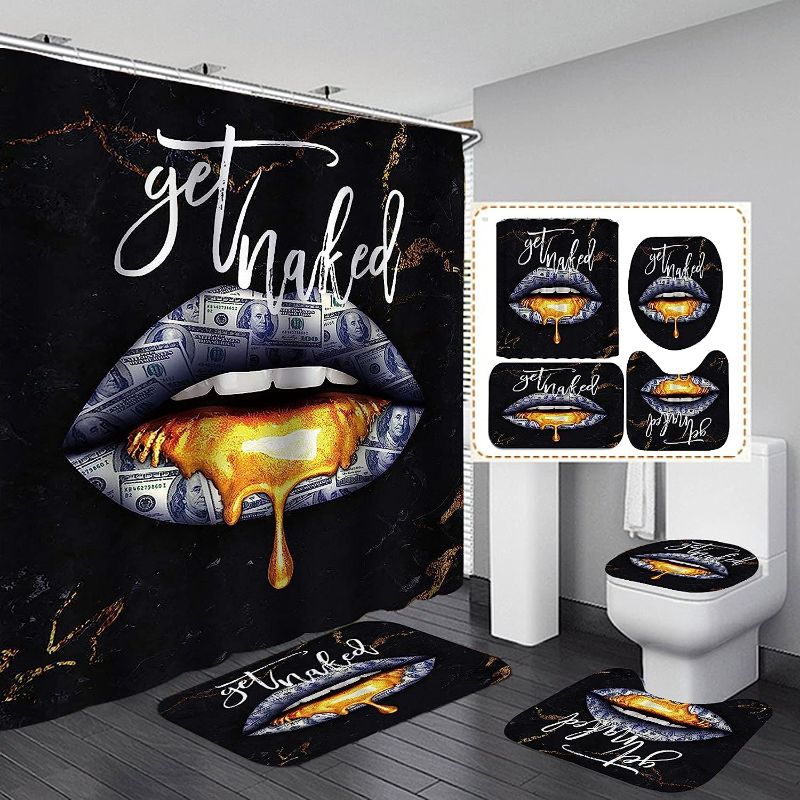 Photo 1 of Camille&Andrew 4PCS Gold Black Marble Shower Curtain Set, Luxury 100 Dollar Bills Woman Sexy Lips Modern Cash Paper Money Bathroom Decor, Waterproof Fabric Shower Curtain, Non-slip Bath Mat Toilet Rug