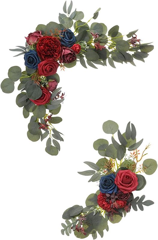 Photo 1 of Artificial Wedding Arch Flowers Swag, Set of 2 Floral Arrangement for Wedding Party Welcome Ceremony Sign Backdrop Sweetheart Table Decoration (Red)