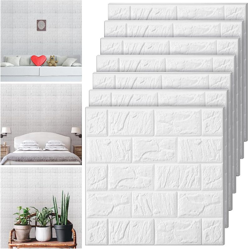 Photo 1 of 30 Pcs 28.81 Sq ft 3D Wall Panels Peel and Stick Foam Brick Wallpaper Printable Faux Brick Wall Panels Decorative Self Adhesive Wall Tiles Waterproof Wall Covering Panels for Wall Decor (White)