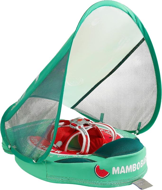 Photo 1 of Mambobaby Float Add Tail Newest Baby Swim Float with Canopy Solid Pool Infant Swim Trainer Swimming Training Lying Air Free Water Floats Non-Inflatable Waist Swim Ring for Toddlers (Watermelon)
