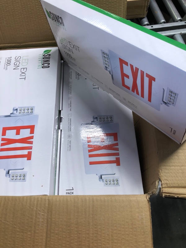 Photo 2 of Sunco Lighting LED Exit Signs with Emergency Lights, Double Sided Adjustable LED Emergency Combo Light with Backup Battery, Hard Wired, Commercial Grade, 120-277V, Fire Resistant (UL 94V-0) 6 Pack Red 6 Pack (2-Head)