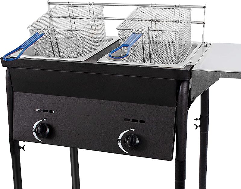 Photo 1 of  Two Tank Outdoor Black Deep Fryer | Propane Deep Fryer Propane with 2 Stainless Steel Basket & Lid Covers | Large Oil Tank Capacity with Regulating Knobs