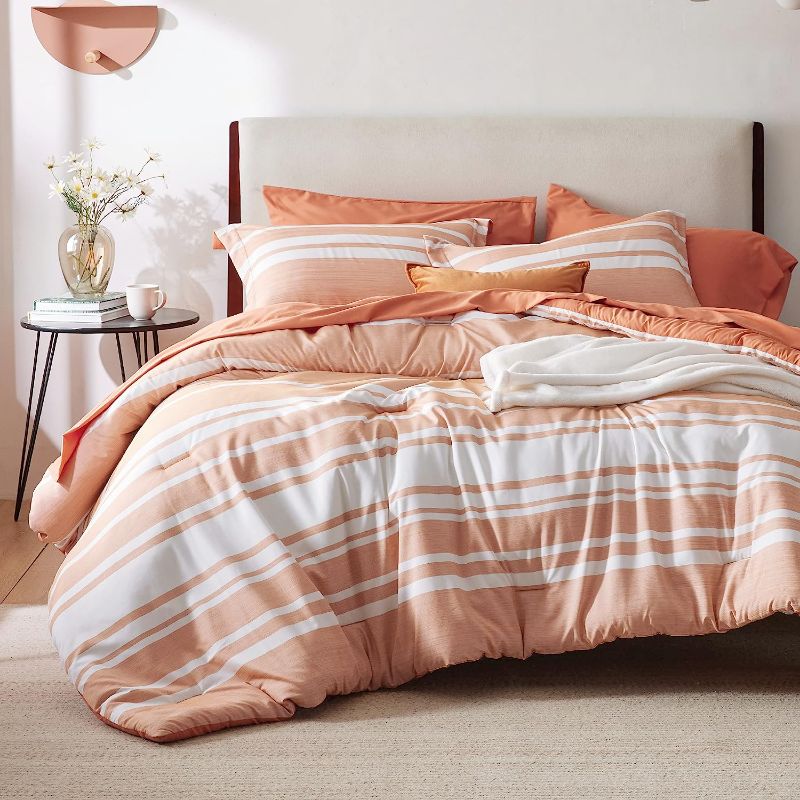 Photo 1 of Bedsure Bed in a Bag Queen Size 7 Pieces, Burnt Orange White Striped Bedding Comforter Sets All Season Bed Set, 2 Pillow Shams, Flat Sheet, Fitted Sheet and 2 Pillowcases