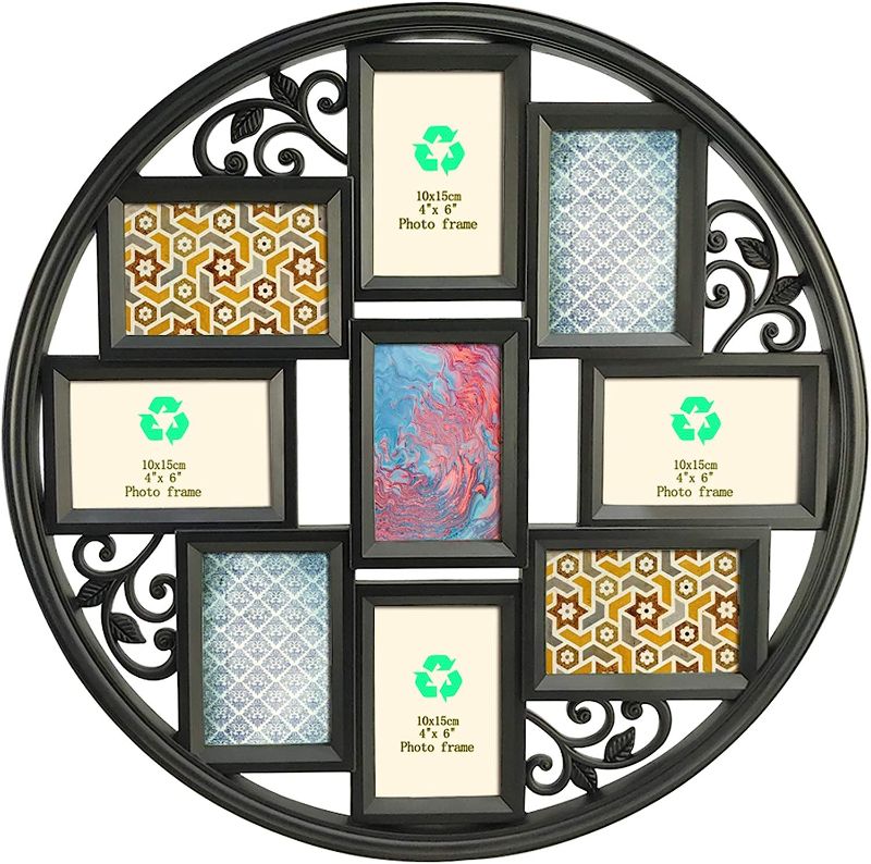Photo 1 of 4x6 Wall Collage Picture Frames 4X6- Round Circular Wall hanging Picture Photo Collage Frame with Leaf Decoration, 9- Opening (Black)