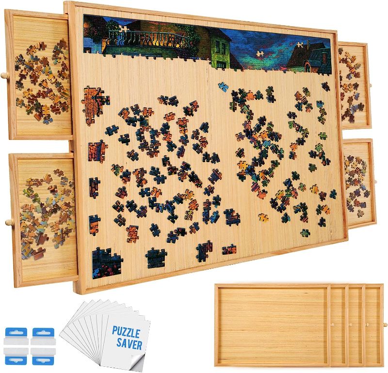 Photo 1 of 1500 Piece Wooden Puzzle Board 4 Drawers and Cover, 34" x 26" Wooden Jigsaw Puzzle Table, Portable Puzzle Board Storage, Puzzle Family Game for Adults Kids