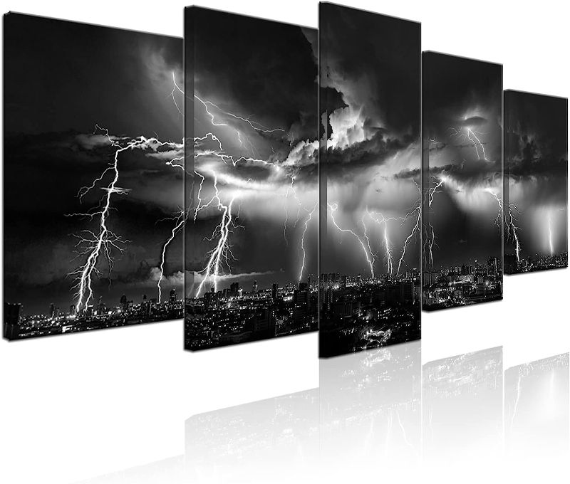 Photo 1 of Biuteawal - Black and White Wall Art Nature Lightning Strikes in The Clouds Painting on Canvas Storm and City Night View Picture Print for Home Office Living Room Decoration Wall Decor