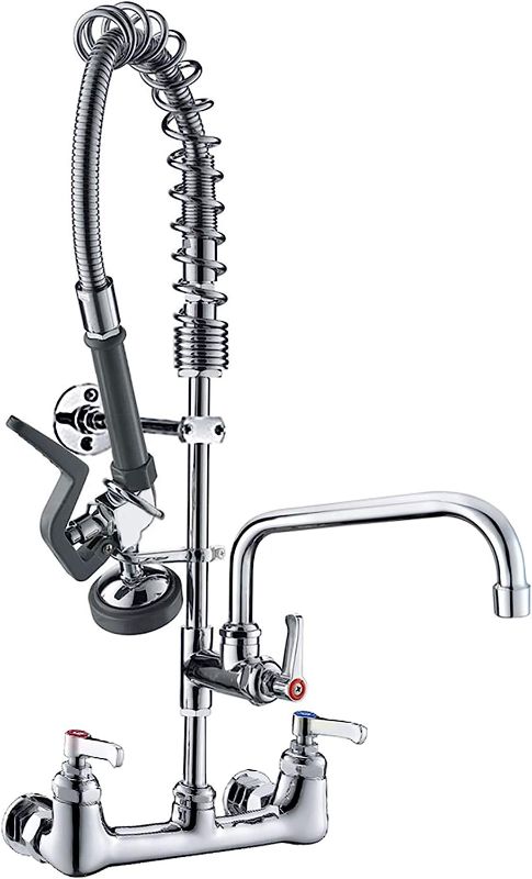 Photo 1 of  Commercial Wall Mount Kitchen Sink Faucet Brass Constructed Polished Chrome Pre-Rinse Device 25" Height 8" Center with Spring Pull Down Sprayer and 12" Add-on Spout (25 inches