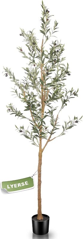 Photo 1 of 7ft Artificial Olive Tree Tall Fake Potted Olive Silk Tree with Planter Large Faux Olive Branches and Fruits Artificial Tree for Office House Living Room Home Decor