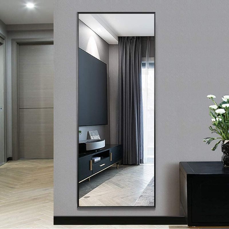 Photo 1 of  Full Length Mirror Standing Hanging or Leaning Against Wall, Large, Rectangle, Bedroom Wall-Mounted / Floor Dressing Mirror, Aluminum Alloy Thin Frame, Black, 65"x22"
