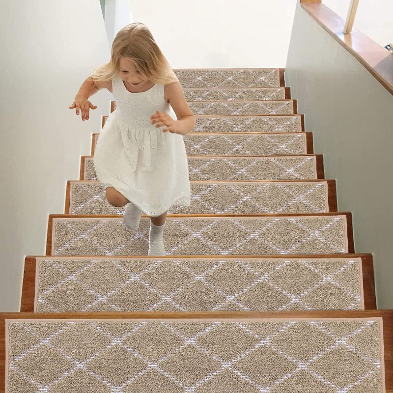 Photo 1 of BEQHAUSE Stair Treads 15 Pack Non Slip Stair Runner 28inX9in Machine Washable Stair Mats 100% Polyester Soft Stair Carpet Treads for Wooden Steps Beige Stair Rugs