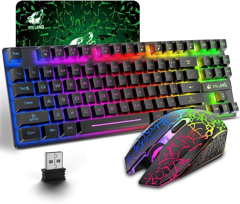 Photo 1 of Wireless Gaming Keyboard and Mouse Combo with 87 Key Rainbow LED Backlight Rechargeable 3800mAh Battery Mechanical Feel Anti-ghosting Ergonomic Waterproof RGB Mute Mice for Computer PC Gamer (Black