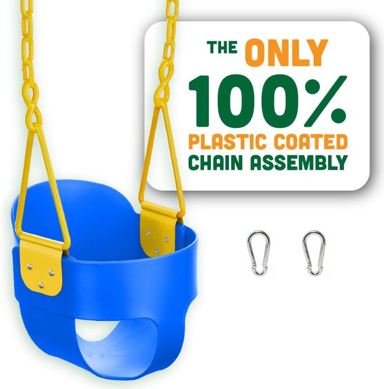Photo 1 of Deluxe High Back Full Bucket Toddler Swing with Exclusive Chain & Triangle Dip Pinch Protection and Carabiners for Easy Install - Blue - Squirrel Products
