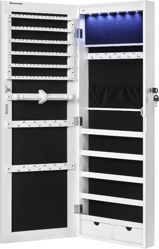 Photo 1 of SONGMICS Hanging Jewelry Cabinet, Wall-Mounted with LED Interior Lights, Door-Mounted Jewelry Organizer, Full-Length Mirror, Gift Idea, White UJJC99WT