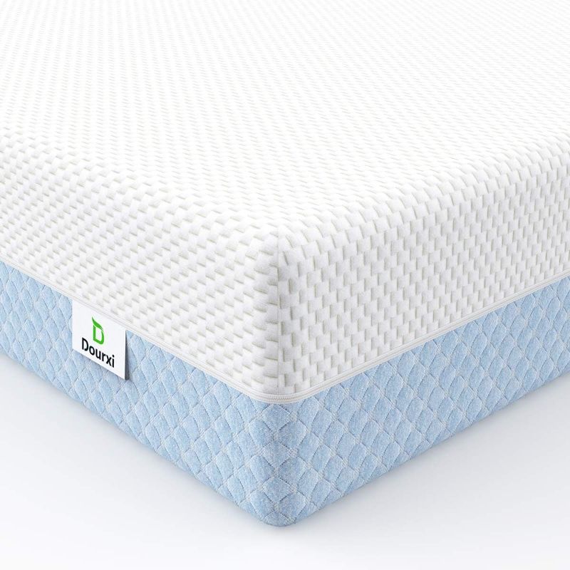 Photo 1 of Dourxi Crib Mattress, Dual Sided Comfort Memory Foam Toddler Bed Mattress, Triple-Layer Breathable Premium Baby Mattress for Infant and Toddler w/Removable Outer Cover - White&Blue
