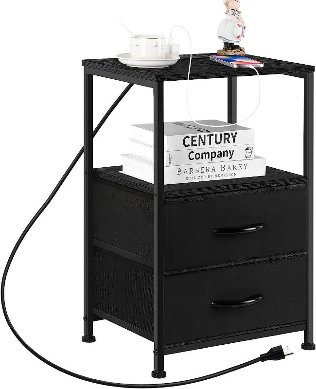 Photo 1 of ETELI Black Nightstand with 2 Fabric Drawers Rusic Industrial End Table with Charging Station Metal Wood Small Side Table for Small Spaces Bedroom Living Room