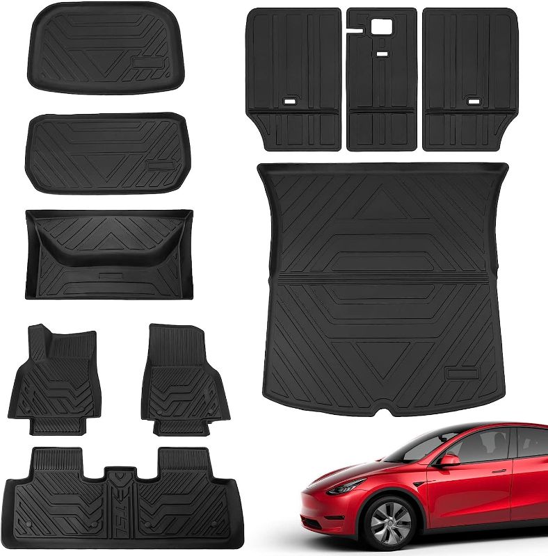 Photo 4 of Xipoo Fit Tesla Model Y Frunk Mat Front Trunk Mat Cargo Liner Floor Mat All Weather for 2020 2021 2022 2023 Tesla Model Y 5 Seat Accessories(Four Trunk Mats+Floor Mats+Backrest Mat)