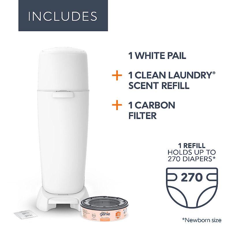 Photo 1 of Diaper Genie Complete Diaper Pail (White) with Antimicrobial Odor Control | Includes 1 Diaper Trash Can, 1 Refill Bags, 1 Carbon Filter