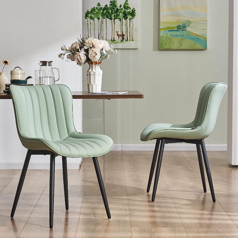 Photo 1 of YOUNUOKE Dining Chairs Set of 2 Upholstered Mid Century Modern Lounge Chair Armless Faux Leather Makeup Chairs with Padded Backs Metal Legs Adjustable Feet for Kitchen Living Room Bedrooms Mint Green